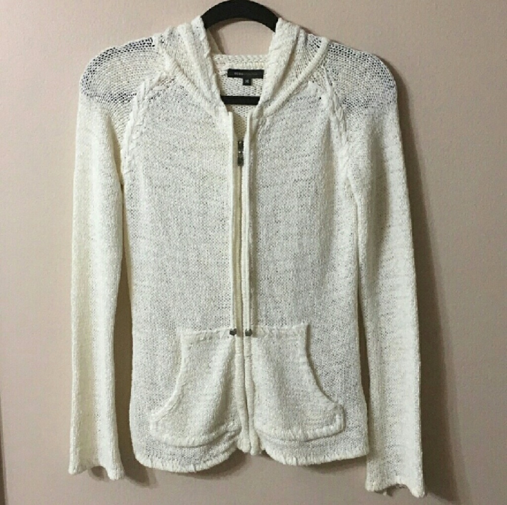 BCBGMAXAZRIA Ivory Zip Front Knit Cardigan w/Hood